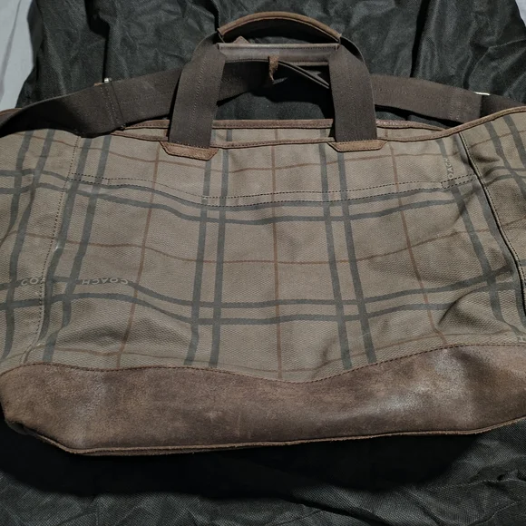 Coach Camden Tattersall Plaid Canvas Tote Bag Weekend Travel Shoulder Brown